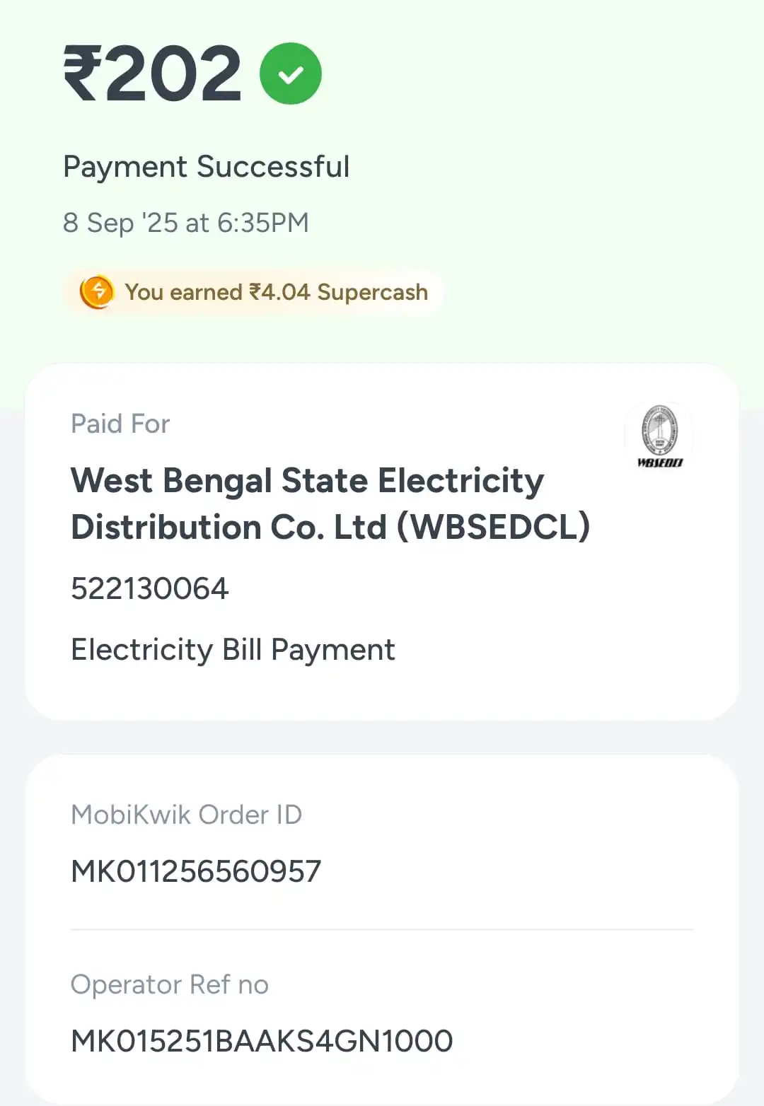 WBSEDCL electricity bill payment receipt sample West Bengal